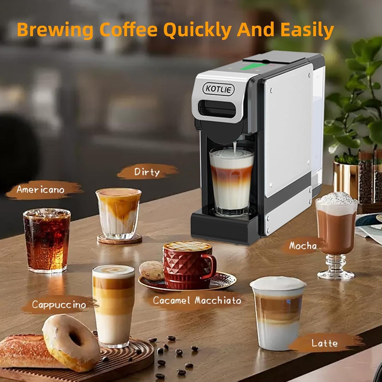 KOTLIE ST-550 Single Serve Coffee Maker, Espresso Capsule Coffee Maker for K*cup capsule/Ne*s Original/Dol*e Gu*to and Ground Coffee, 19Bar, 1L, Compact（Black）