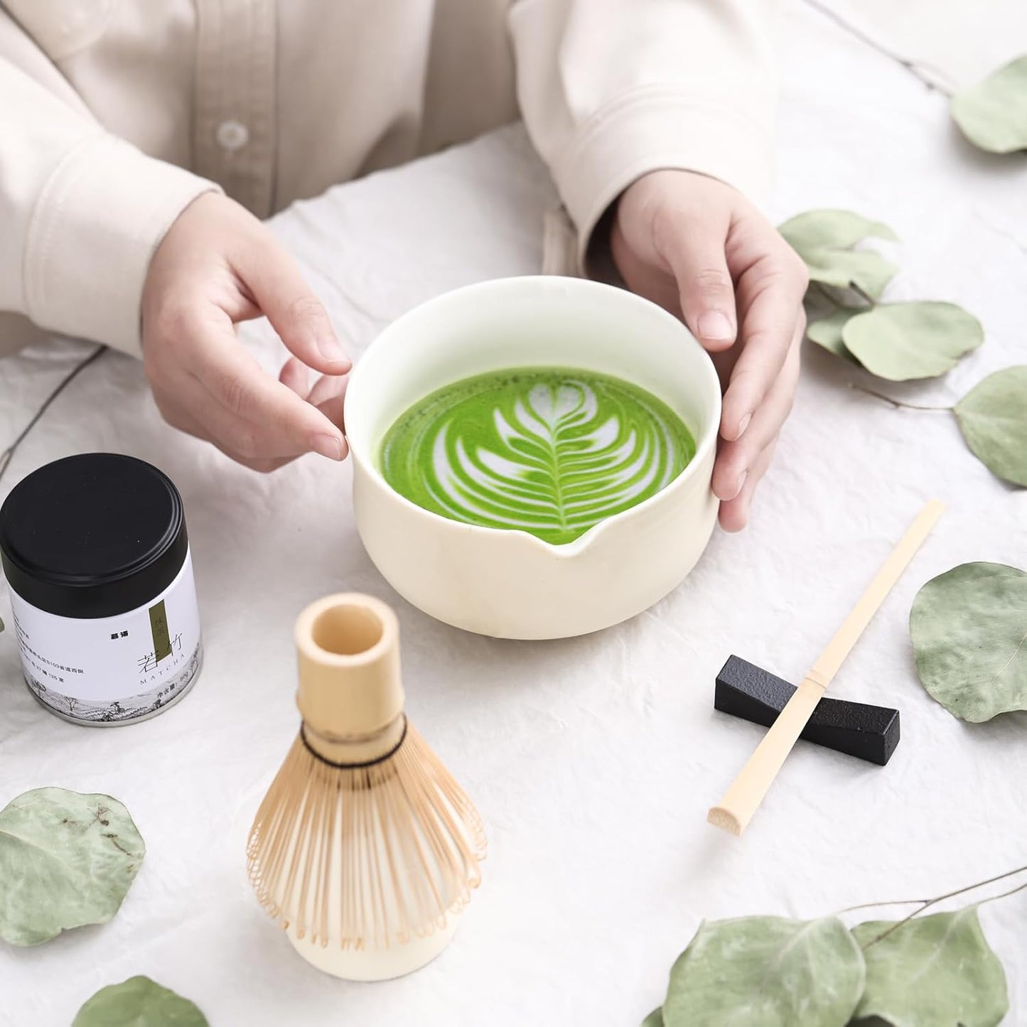 Matcha Set, Japanese Tea Set Includes Matcha Bowl with Spout, Matcha Whisk Holder (chasen), Bamboo Matcha Whisk and Bamboo Scoop, Ceramic Matcha Kit for Tea Lovers