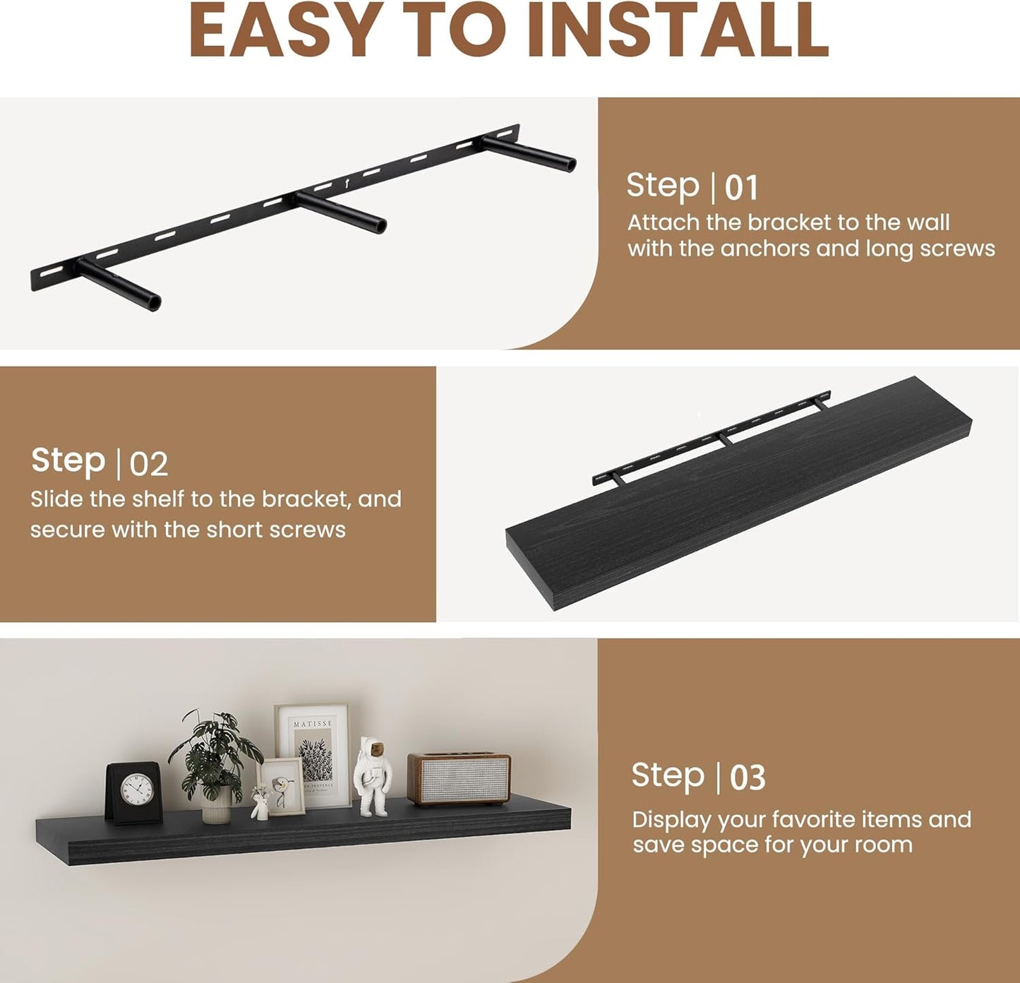 Fun Memories Rustic Real Wood Floating Shelves, 8 Inch Deep Floating Shelf Wall Mounted, 48" W x 8" D Wall Shelves Storage Shelves for Living Room, Bedroom, Bathroom, Black Finish, Set of 1