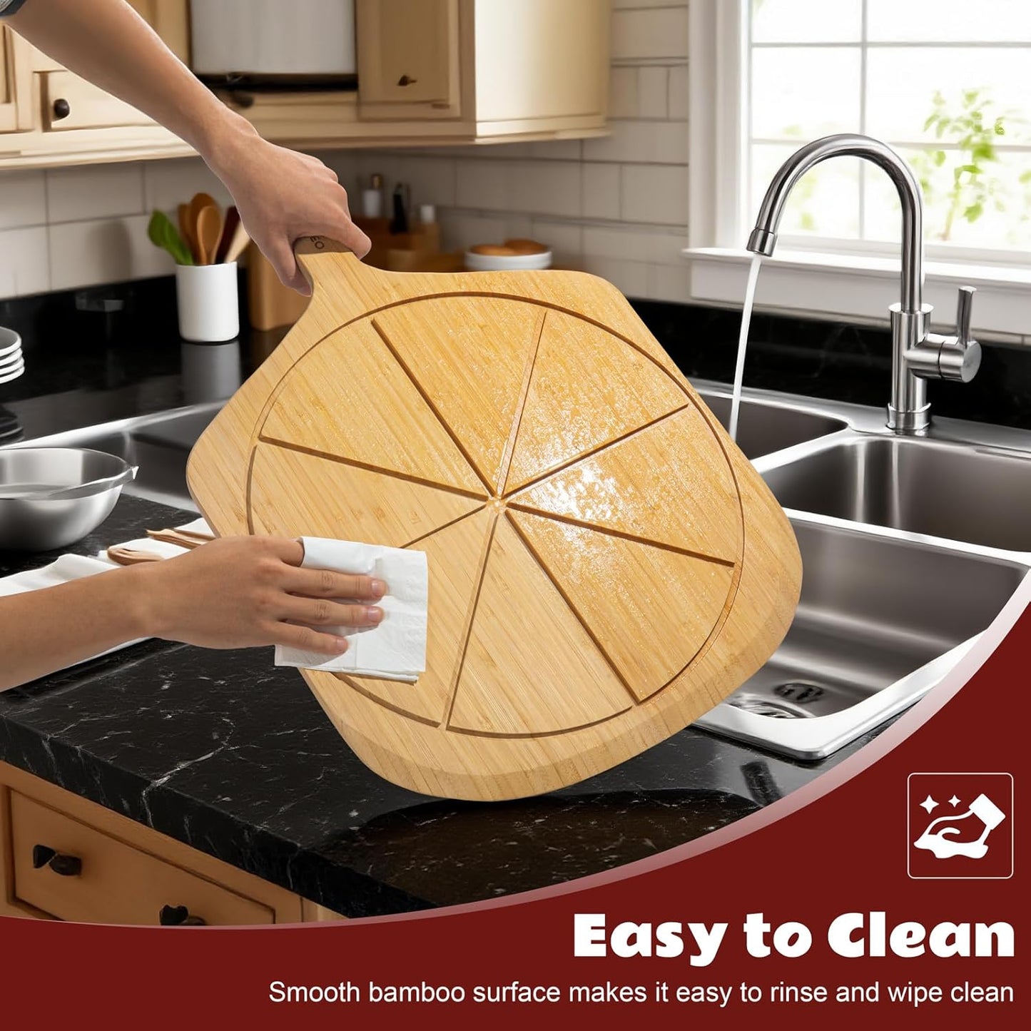 Wood Pizza Peel 16 Inch Pizza Paddle Spatula Serving Board Bamboo Pizza Cutting Boards with 8 Slice Grooves and Handle for Kitchen Oven Pastry Pizzas