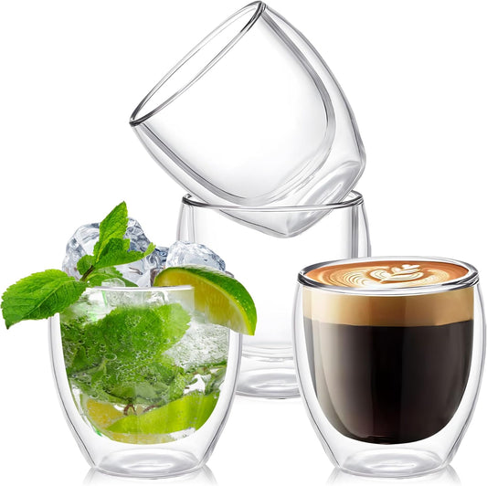 Set of 4 Double Walled Glass Coffee Mugs 3 Ounces Insulated Layer Coffee Cups Borosilicate Glass Espresso Cup for Hot Beverage,Cappuccino,Tea,Latte,Wine,Microwave Safe