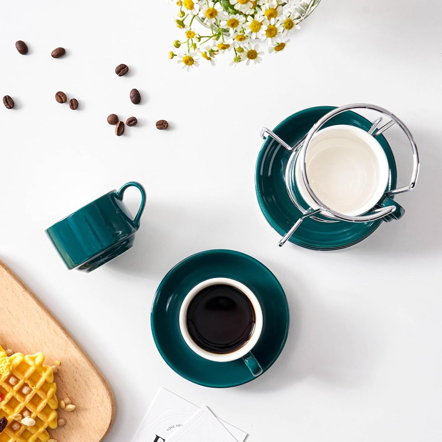 2.5 Ounce Porcelain Espresso Cups with Saucers and Silver Stand, Blackish Green Stackable Cups Set of 4
