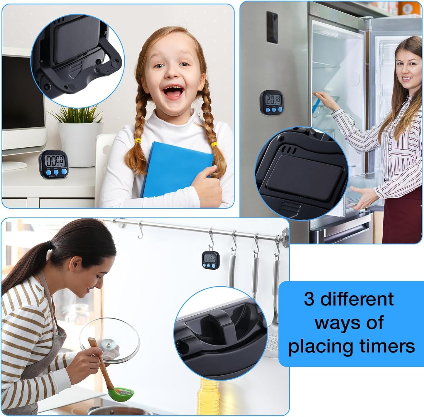 Leumoi 24 Pcs Digital Kitchen Timers Magnetic Back Timers Bulk Large Screen Loud Alarm On/Off Switch Minute Second Count up Countdown Memory Setting for Cooking Classroom Exercise(Black and Blue)