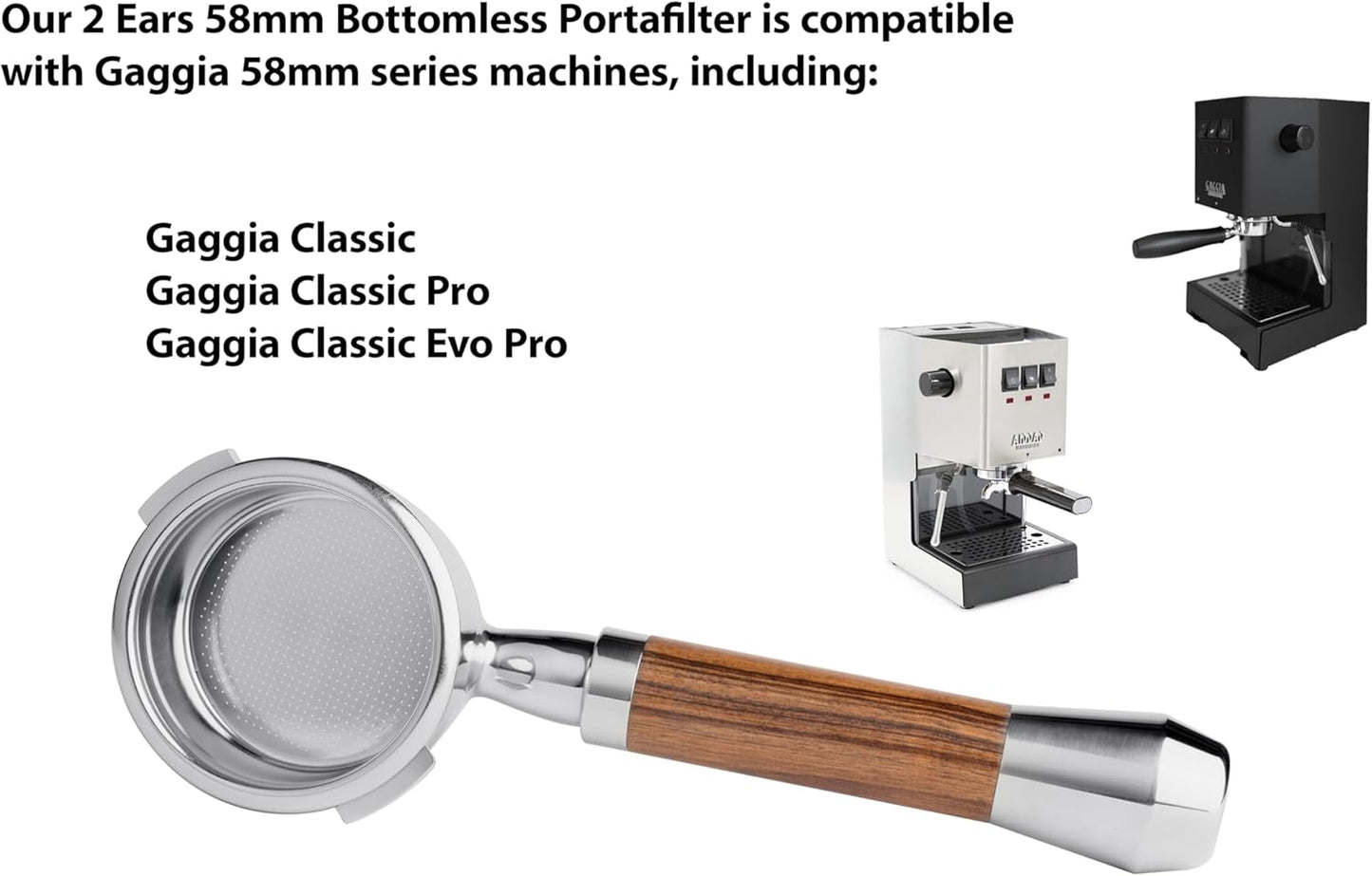LILQ 58mm Bottomless Naked 2 Ears Portafilter Compatible with Gaggia Machines– Includes 18–20g Basket (Walnut, 58mm For Gaggia)