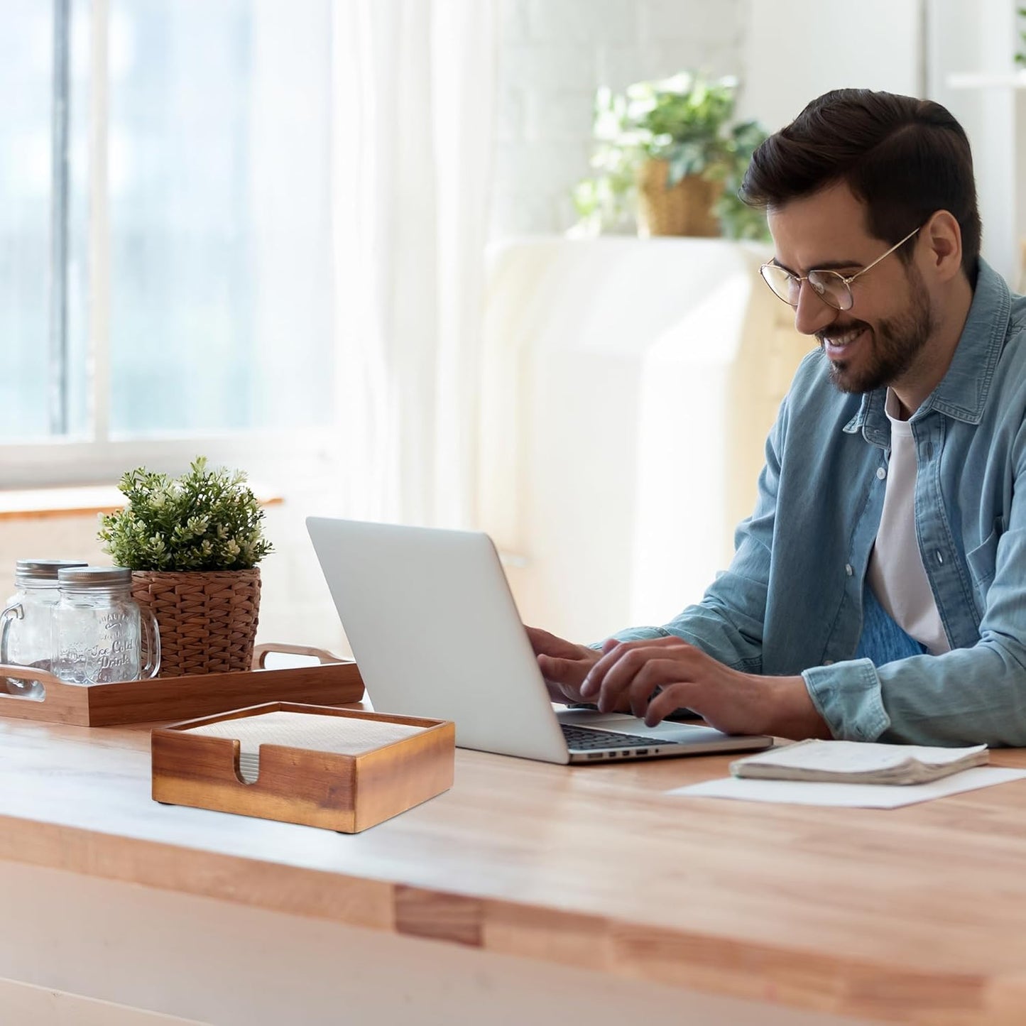 Acacia Lunch Napkin Holder 7.8 x 7.8 inches for Dining Table and Kitchen – Napkin Dispenser Made from Brown Acacia Wood – Premium Quality Feel for Dessert Beverage Party Dinner Luncheon Bar Table