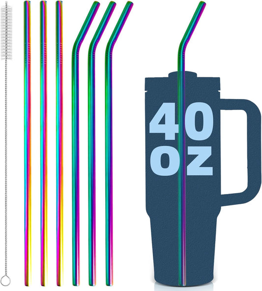 for Stanley Quencher 40oz Tumbler 6x Metal Stainless Steel Straws, 12inch Replacement Extra Long/Tall Straws for Stanley Cup 40oz Drinking Reusable Accessories (3x Straight & 3x Bent, Colorful)
