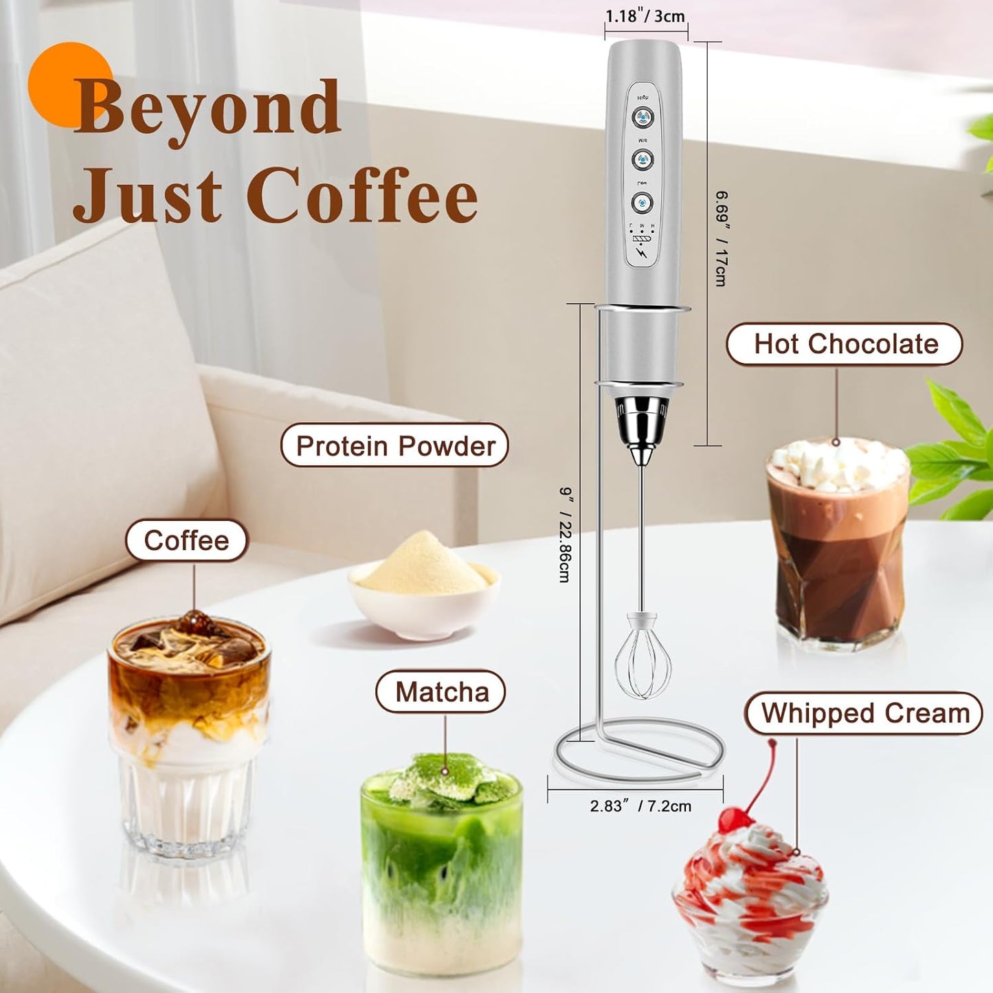 Milk Frother Handheld Rechargeable with Stand, Frother Wand Drink Mixer Electric Whisk for Coffee, Detachable With 3 Stainless Whisks, Hand Mixer for Lattes, Cappuccino, Matcha, Egg, Silver