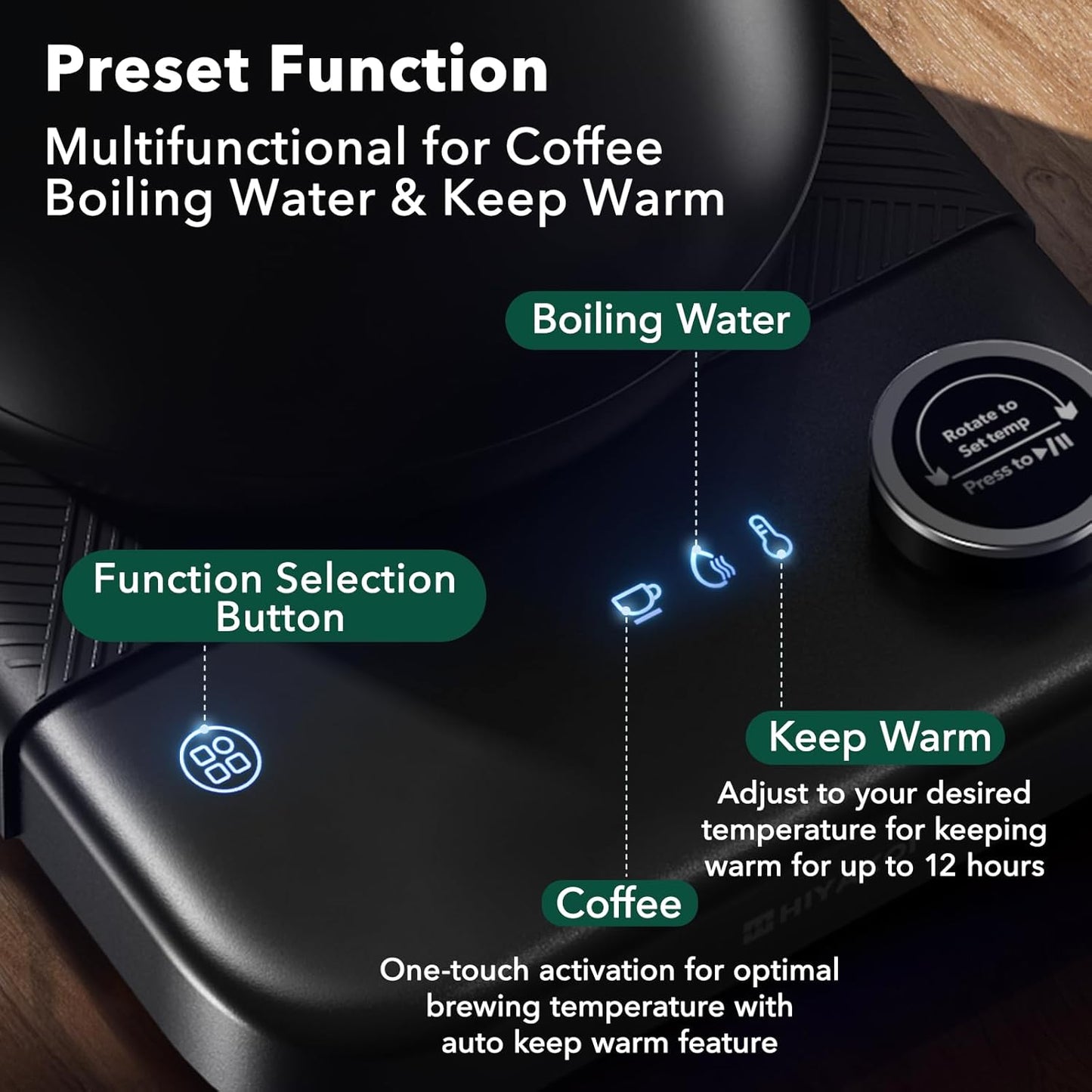 Electric Kettle, HIYAKOI Gooseneck Electric Kettle with Temperature Control, Pour Over Kettle for Coffee & Tea, 1200W Quick Heating Stainless Steel Hot Water Kettle Electric, Keep Warm, 0.8L