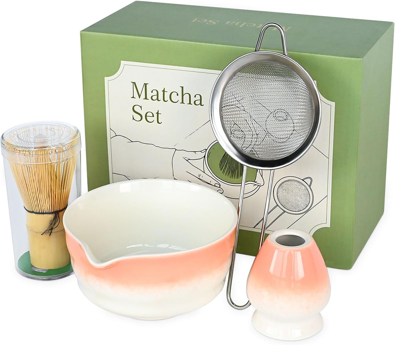 Pink Matcha Whisk Making Set - Japanese Tea Kit with Whisk Bowl and Bamboo Scoop Ceramic Chawan with Spout for Traditional Tea Ceremony Complete Matcha Making Tools Gift for Tea Lovers (Pink, 5 PCS)