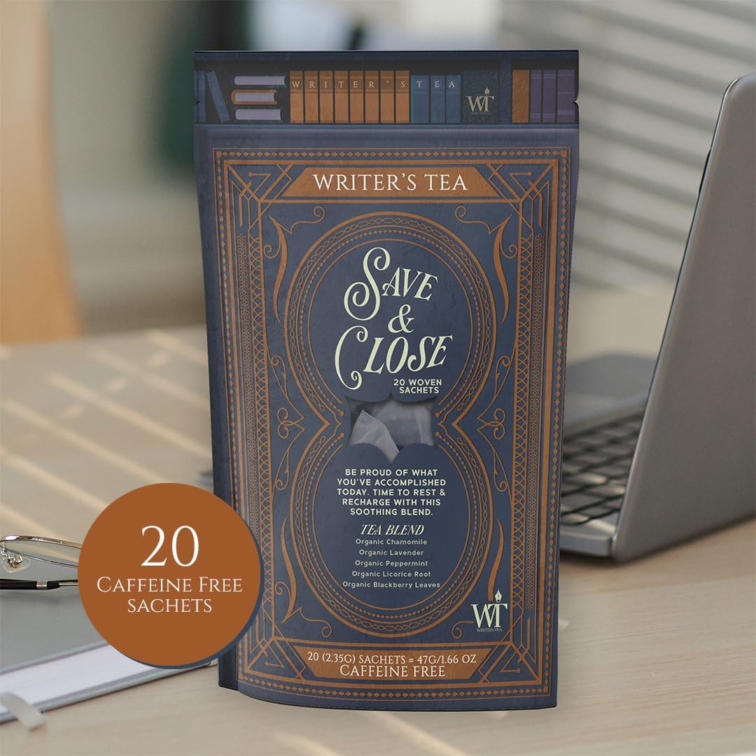Writer's Tea Save & Close - Nighttime Tea - Chamomile, Lavender, Peppermint, Licorice Root, and Blackberry Leaves Tea Blend - Caffeine Free - 20 Woven Sachets
