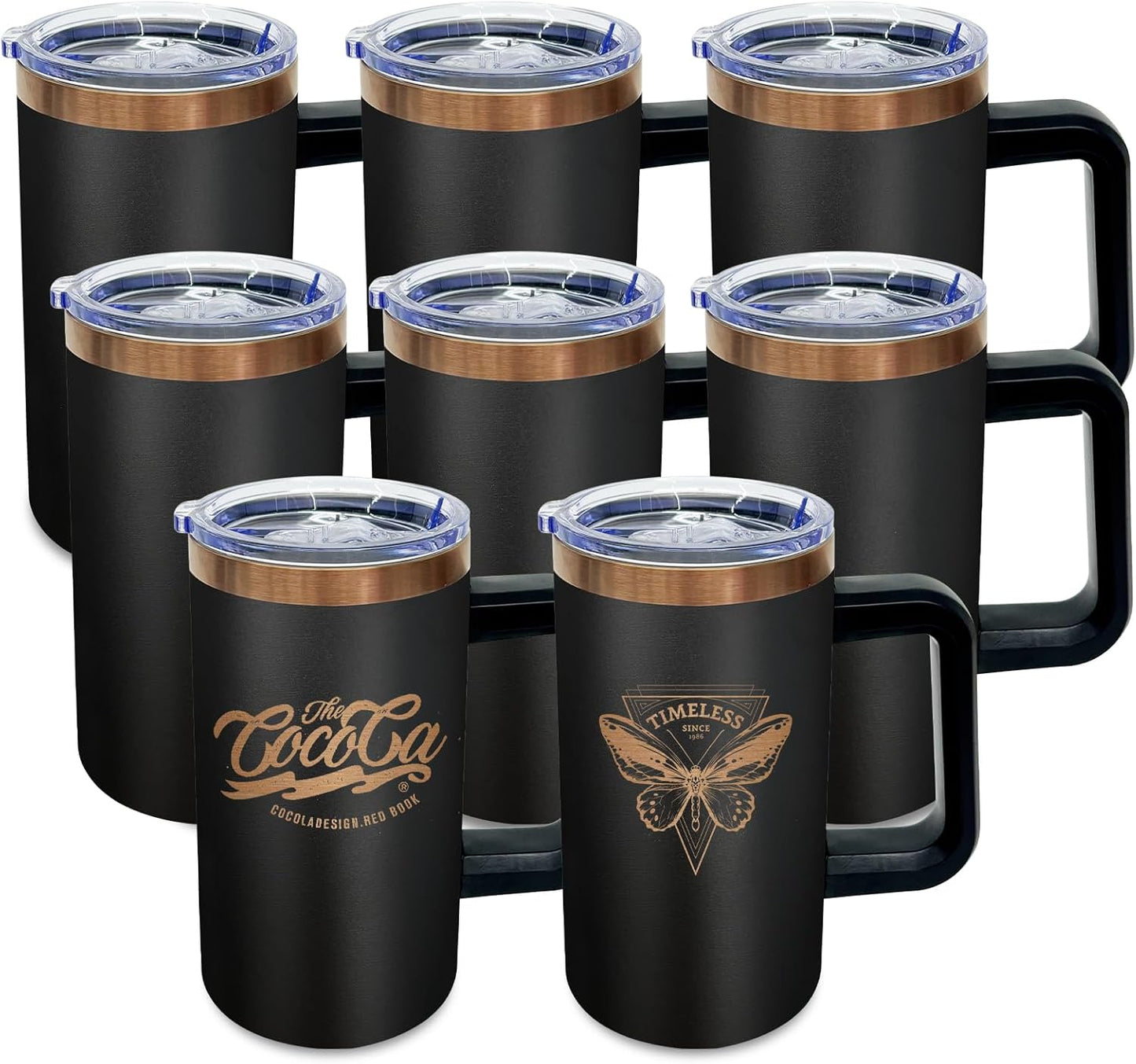 20 oz Insulated Coffee Mug with Lid, 8 Pack Stainless Steel Coffee Tumbler Bulk, Double Wall Vacuum Travel Mug with Handle, Leakproof Powder Coated Coffee Cups for Hot and Cold Drinks (Black,8 pack)