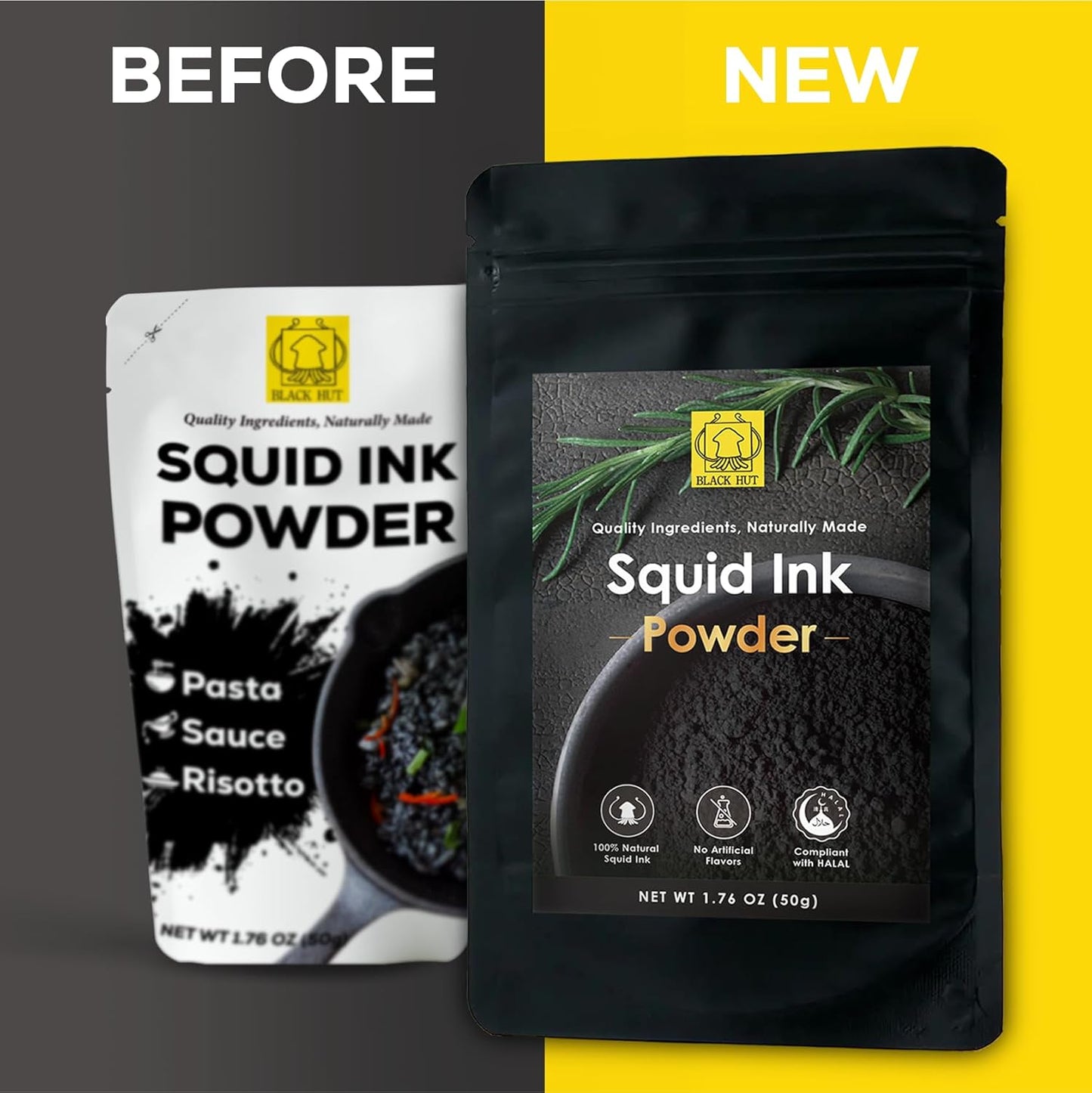 Black Hut Cuttlefish Squid Ink Powder, Perfect for Festive Baking & Cooking, Ideal for Rice, Noodles, Pasta, Spaghetti, Risotto, Tinta de Sepia, Halal Certified, Contains Molluscs, 1.76oz / 50g