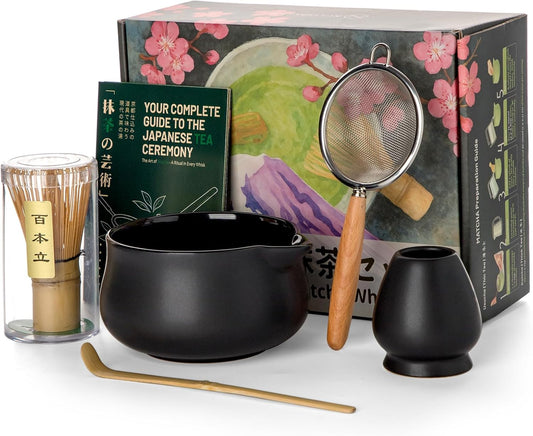 Nucookery Matcha Set - 5PCS Matcha Whisk Set, 18OZ Matcha Bowl (Chawan) with Spout, Matcha Whisk (Chasen) and Holder, Bamboo Matcha Scoop and Sifter, Matcha Kit/Tools/Accessories for Tea Ceremony