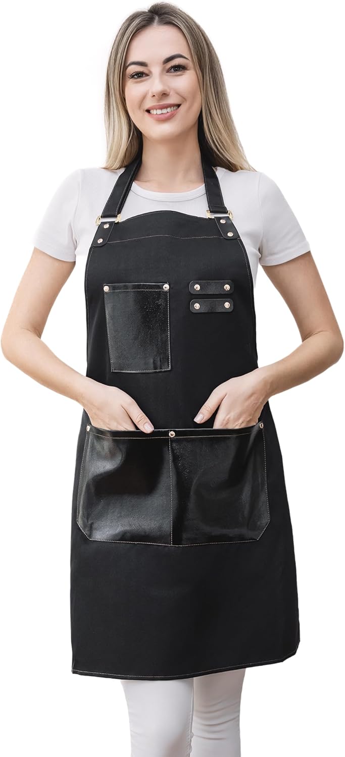 Barista Waitress Chef Cooking Aprons Waterproof Canvas Hair Stylists Apron with 3 Pockets for Women