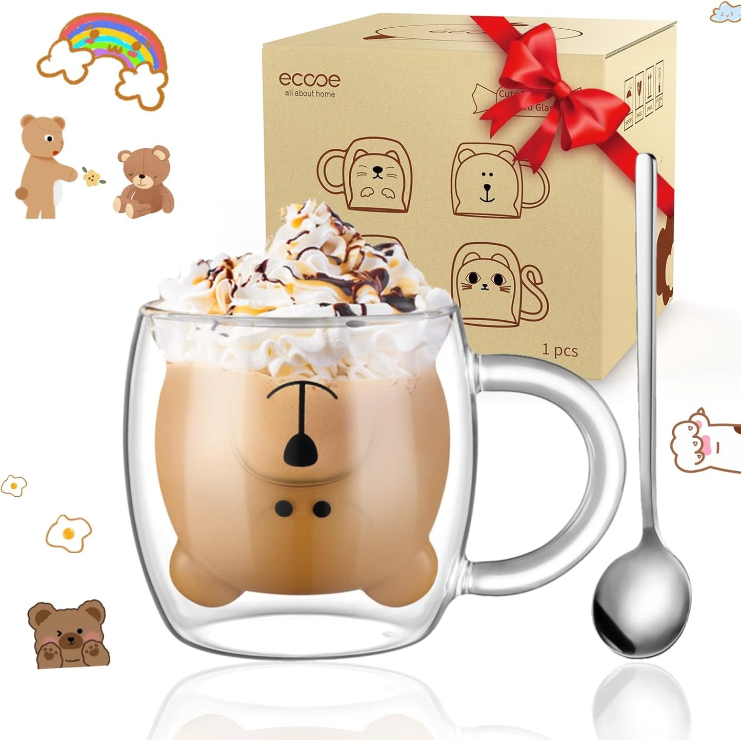 ecooe Cute Bear Mug Glass Coffee Cup 9.4oz Double Walled Glass Mug Cappuccino Latte Glass Cup with Handle Spoon, Milk Tea Bear Cup Birthday Christmas Valentine's Day Gifts for Women Kids Girls Friends