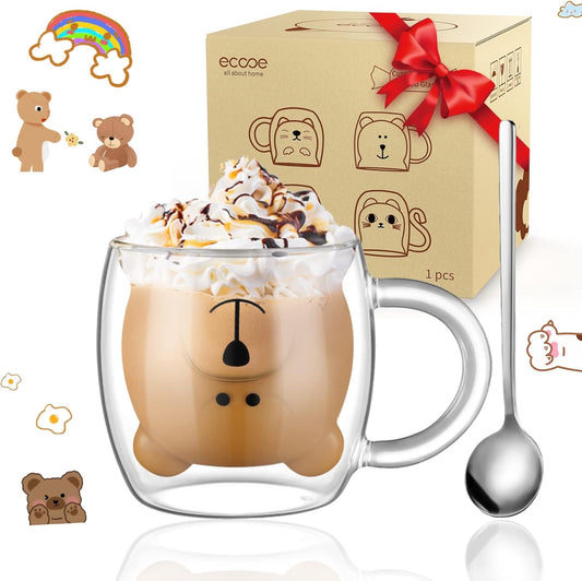 ecooe Cute Bear Mug Glass Coffee Cup 9.4oz Double Walled Glass Mug Cappuccino Latte Glass Cup with Handle Spoon, Milk Tea Bear Cup Birthday Christmas Valentine's Day Gifts for Women Kids Girls Friends