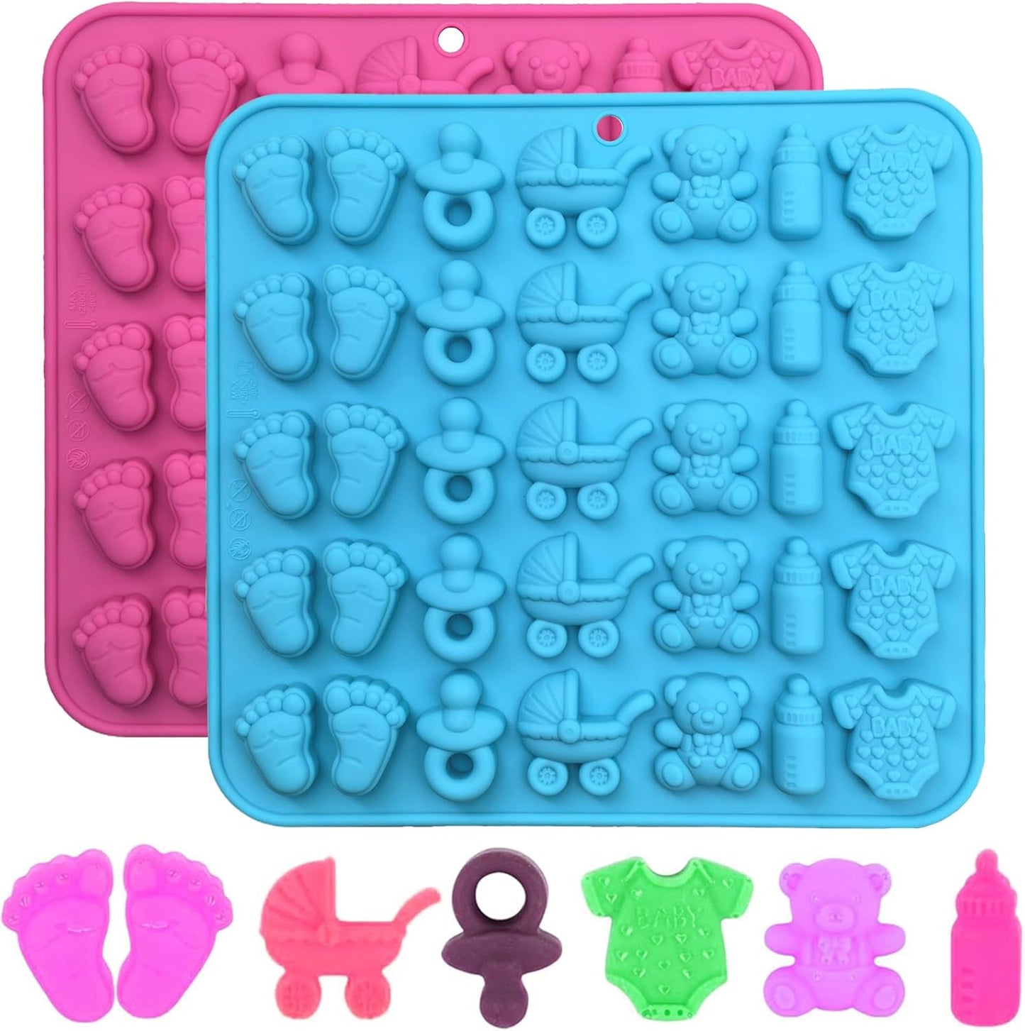2 Pack Baby Shower Chocolate Molds - Baby Feet, Baby Onesie Baby Bottle Pacifier Baby Carriage Bear Mold, Baby Silicone Mold for Candy Gummy Cake Cupcake Decoration Chocolate