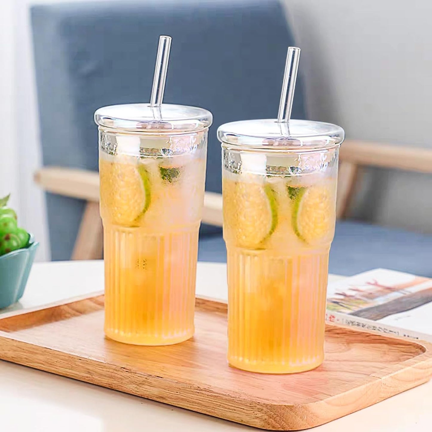 Glass Cups with Lids and Straws, 20 OZ Multi Iced Coffee Glasses Tumblers for Ice Water, Juice, Tea, Milk, Smoothie and Cold or Hot Drinks, Set of 2