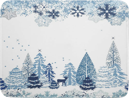 Winter Blue Snowflake Dish Drying Mat Christmas Tree Kitchen Counter Dish Drainer Mats Xmas Forest Deer Moose Dish Dry Pad Bottles Protector for Kitchen Countertop Coffee Bar, 18x24 inch Large