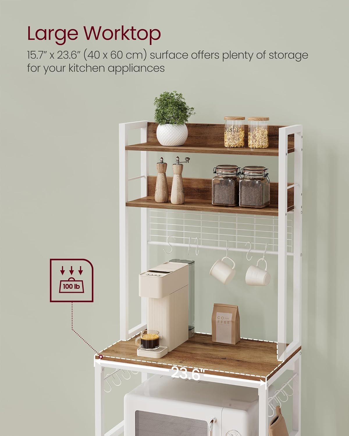 VASAGLE Hutch Bakers Rack with Power Outlet, 14 Hooks Microwave Stand, Adjustable Coffee Bar with Metal Wire Panel, Kitchen Storage Shelf, 15.7 x 23.6 x 66.9 Inches, Rustic Walnut and White UKKS037W41