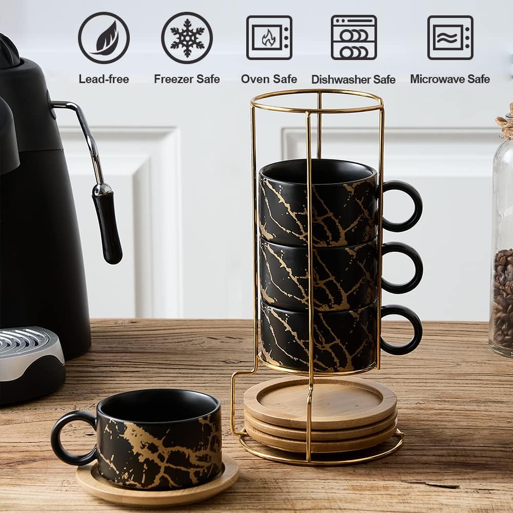 LUKA Porcelain Espresso Cup with Metal Stand, 6 Ounce Stackable Ceramic Demitasse Espresso Mugs Cappuccino Cups Set for Latte,Coffee,Cafe Mocha,Tea(Set of 4,Black)