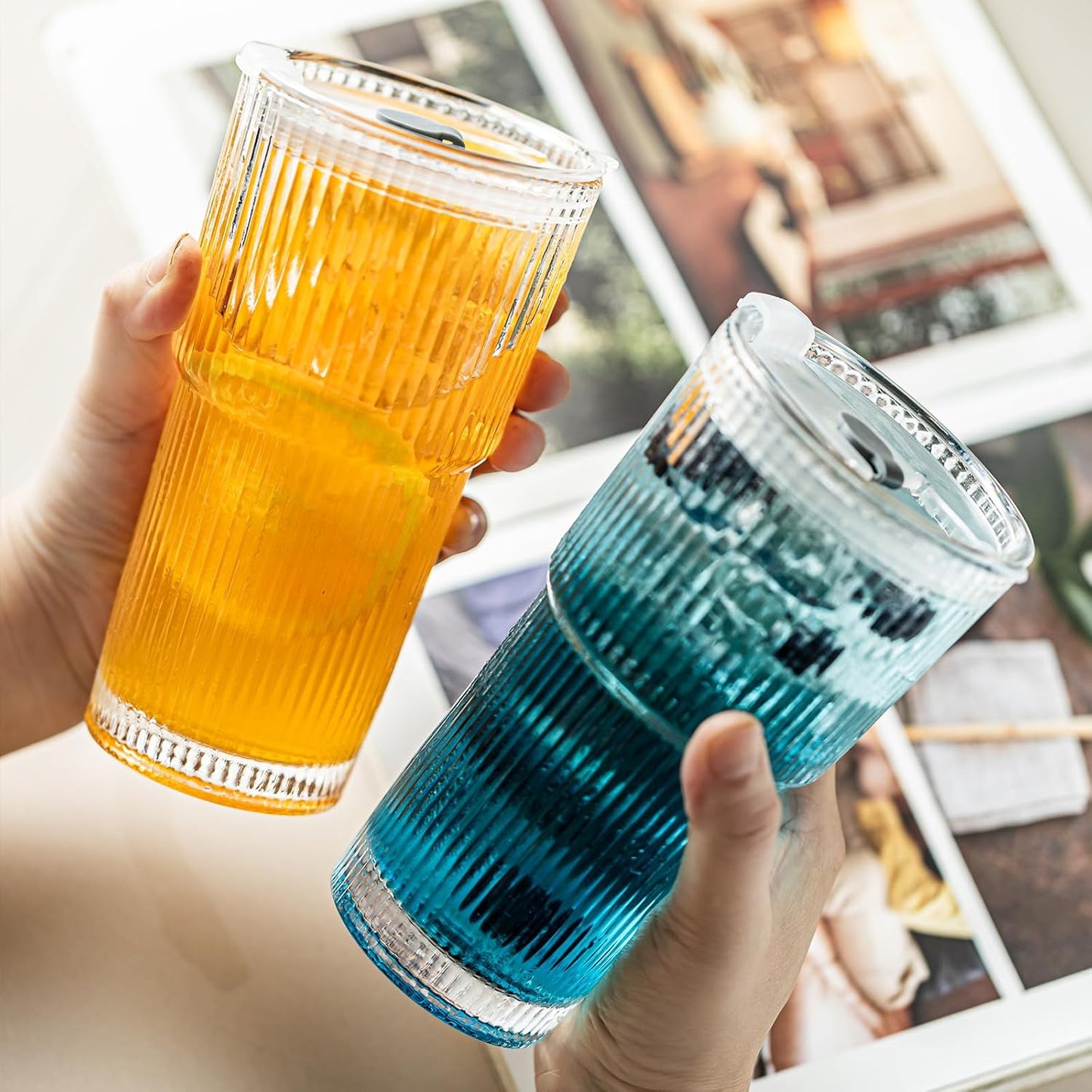 20oz Ribbed Drinking Glasses with Lids and Glass Straws-Thickened Glass cup -Vintage glass straw cups- Ideal for Iced Coffees, Cocktails, Juices, Family Use and Parties (6)