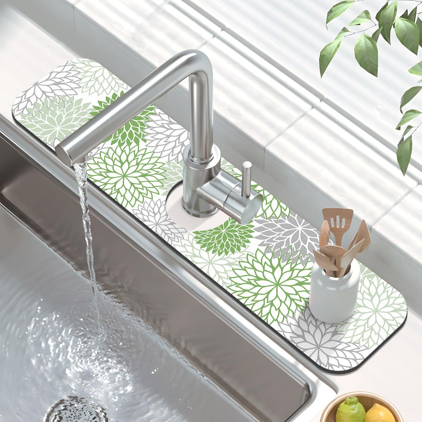 Findosom 2PCS 12" x 20" Dish Drying Mat & 24" x 5.5" Sink Splash Guard, Super Absorbent & Cuttable Dish Mat Drying Kitchen Mat with Green Floral, Hide Stain Drying Mat for Kitchen Counter