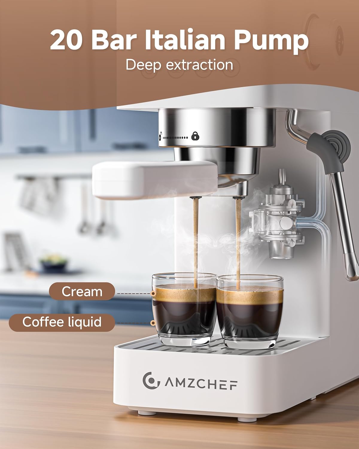 AMZCHEF Espresso Machine 20 Bar, Compact Espresso Maker with Steam Milk Frother, Coffee Maker with 40oz Removable Water Tank for Home, Coffee Machine for Cappuccino, Latte, Americano, 1350W