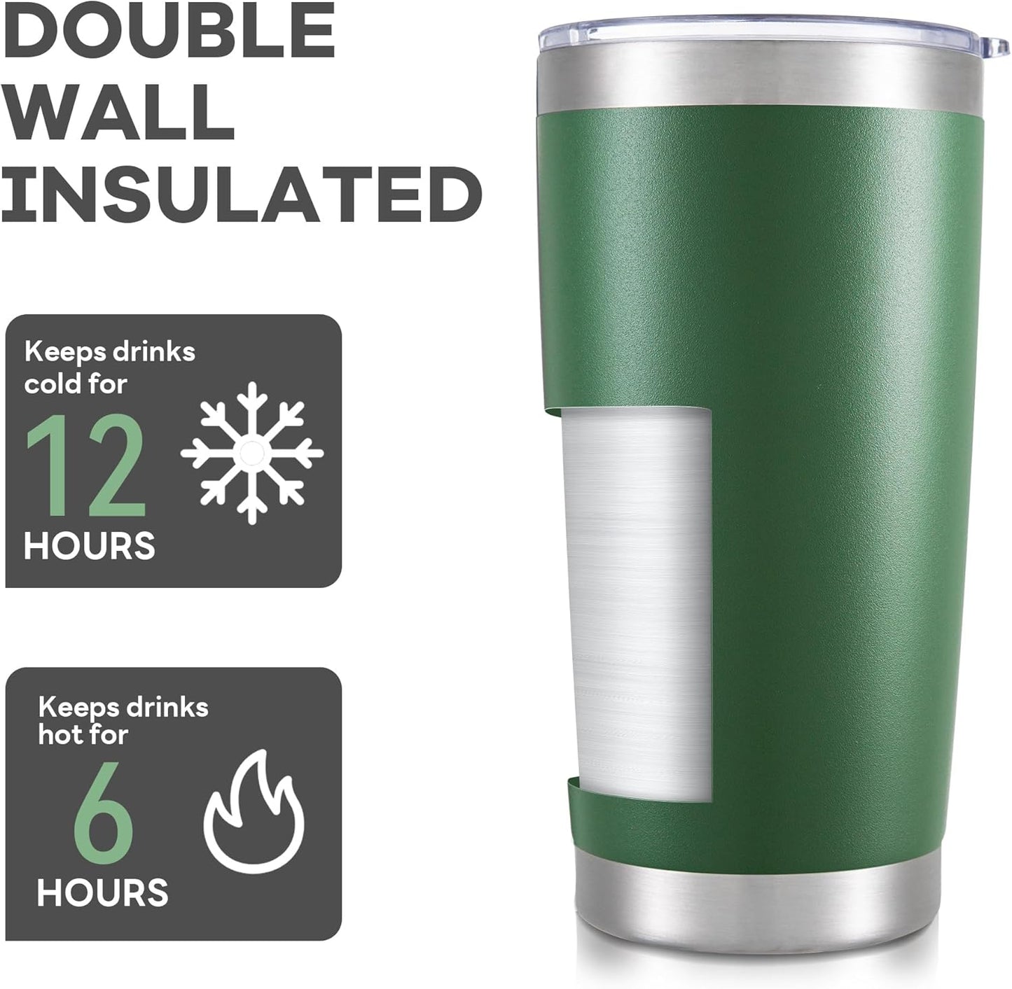 20 oz Tumbler with Lid Stainless Steel Insulated Tumblers Bulk Double Wall Vacuum Cups Powder Coated Travel Mug Keep Drinks Cold and Hot, Dark Green, 12 Pack