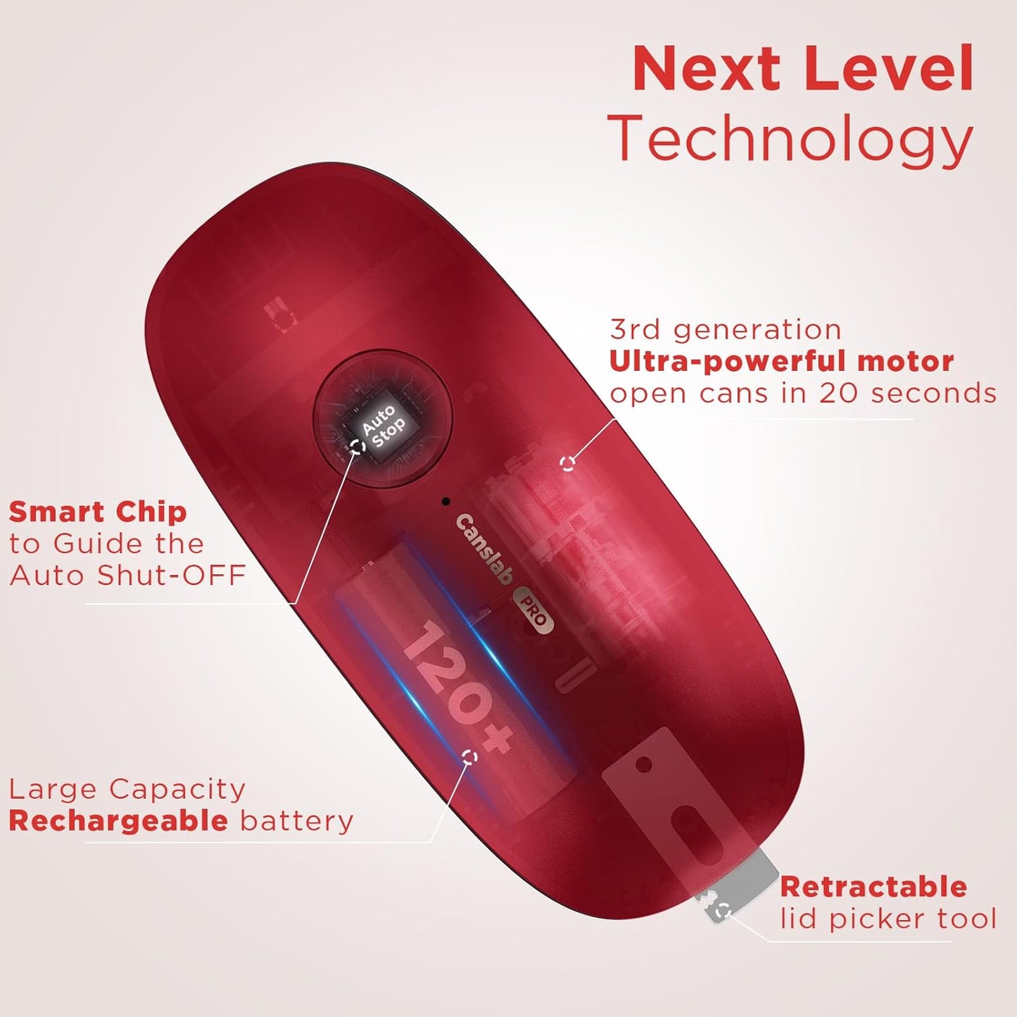 Ultrablade PRO Auto Stop Can Opener - Rechargeable Electric Can Opener for Kitchen for Seniors with Arthritis- One touch Side Cut Can Opener, Smooth Edge, Handfree, Portable Small Size, Red