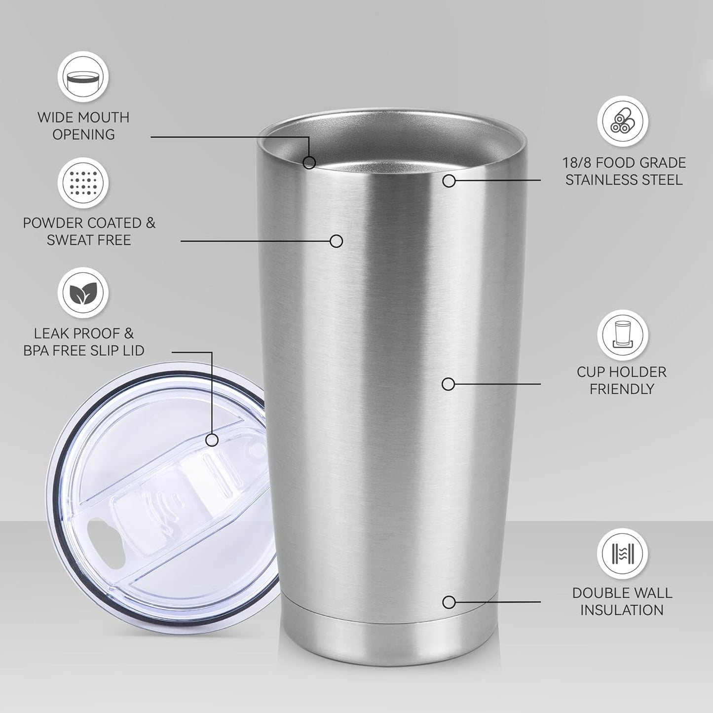 20 oz Tumbler Stainless Steel Tumblers Bulk with Lid Double Wall Insulated Coffee Tumbler Cups for Hot & Cold Drinks Powder Coated Travel Coffee Tumbler Mug Metal (Stainless Steel, 12 pack)