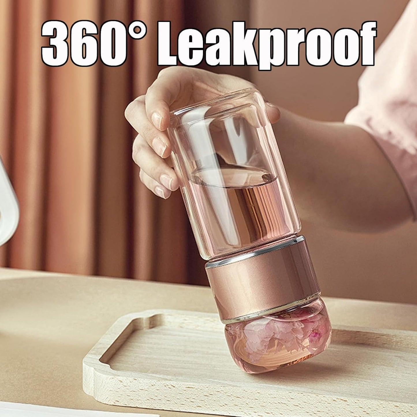 Tryteava Glass Infuser, Tryteava 3-in-1 Smart Tea Infuser, Portable Glass Double Wall Tea Infusers Bottle, with Stainless Steel Filter, Hot & Cold Brew, For Loose Leaf, Office Home (Gold, 350ml)