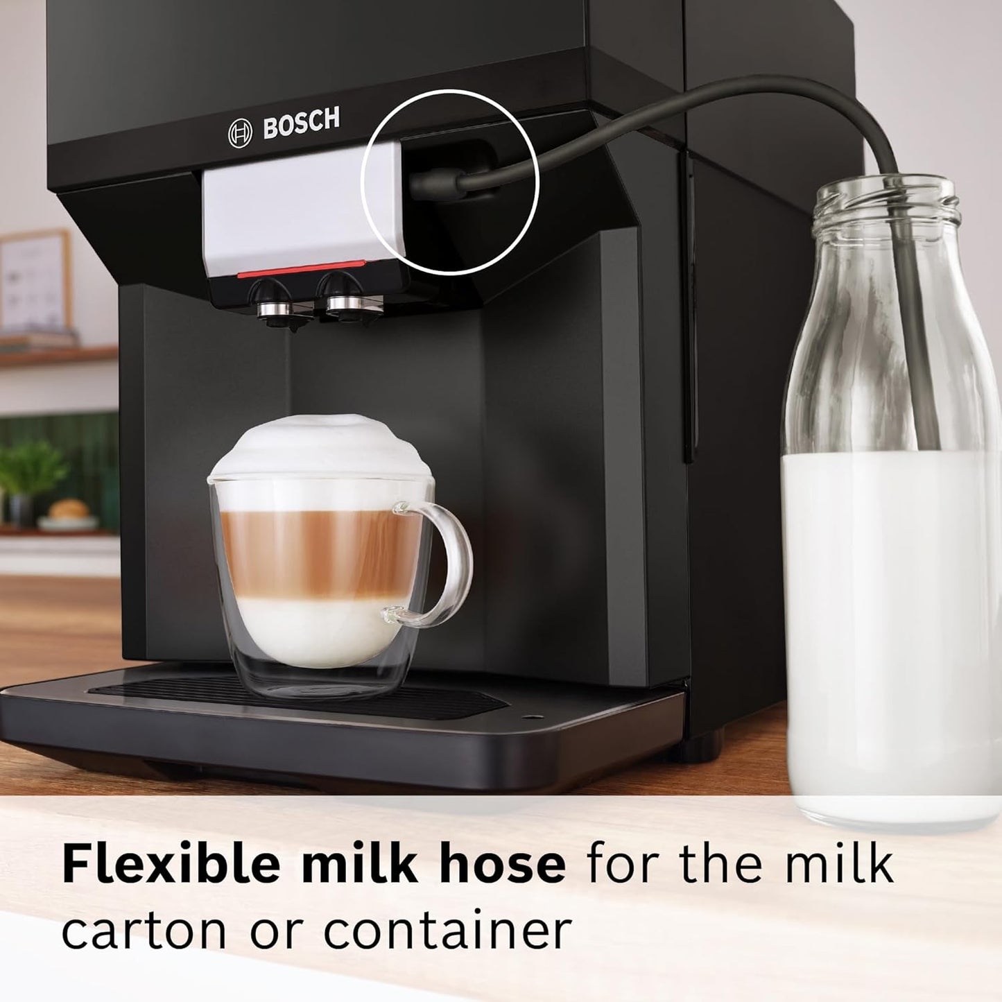 Bosch 500 Series Fully Automatic Espresso and Coffee Machine – Touch Control Panel, Milk Hose, Ceramic Grinder, Uses Beans & Ground Coffee, 9 One-Touch Drinks, in Black TPU40109