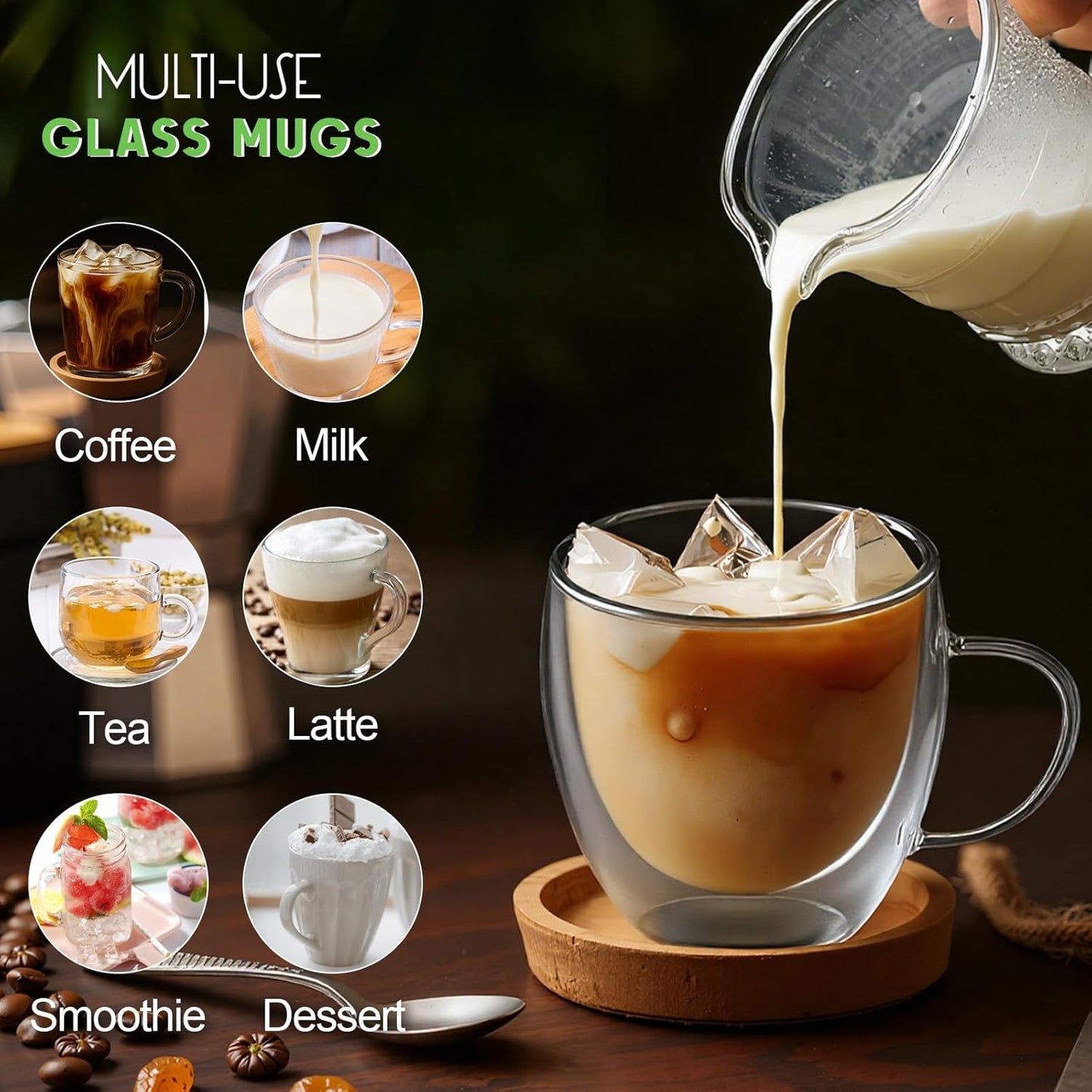 Glass Coffee Cups Set of 2, 8.5oz Double Walled Glass Mugs with Handles, Clear Insulated Coffee Mug Espresso Cups, Cappuccino Latte Tea Cups Set, Heat Resistant Borosilicate Clear Glasses