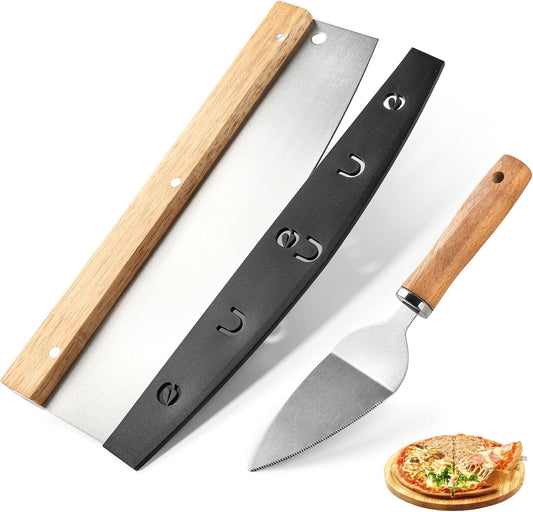 Pizza Cutter Rocker Blade with Wooden Handle and Guard, Sharp Stainless Steel Pizza Slicer, Dough Cutter Equipped with Pizza Spatula, Pizza Oven Accessories for Kitchen Commercial Use