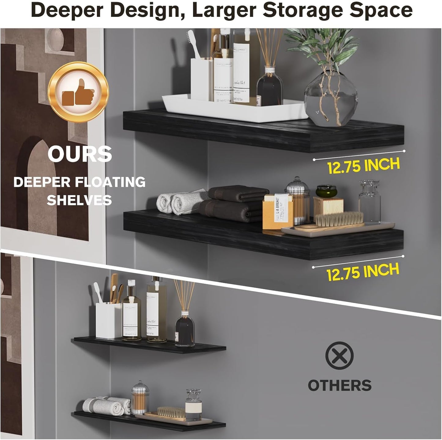 Floating Shelf, Set of 2 Wall Shelf, 30 in W x 12.75 in D x 2 in H Wooden Floating Wall Shelf with Invisible Brackets for Living Room/Bedroom/Bathroom/Kitchen Storage and Decor, Black Wood