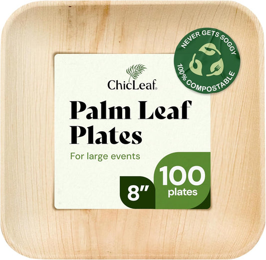 Chic Leaf Square Bamboo Palm Leaf Disposable Plates - 8" Pack of 100 - Biodegradable & Compostable Dinnerware - Disposable Party & Appetizer Plates - Eco-Friendly Dessert Trays