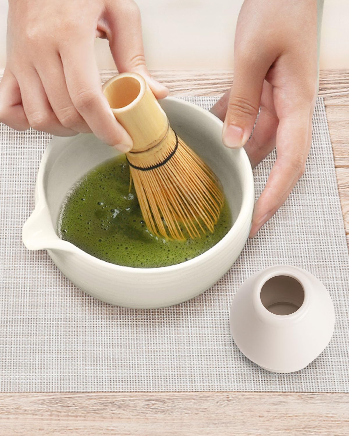 Matcha Bowl and Whisk Holder Set, Ceramic Tea Bowl and Whisk Stand, Matcha Tea Mixing Bowl with Spout (18 Ounce), Whisk Rest, Ivory White