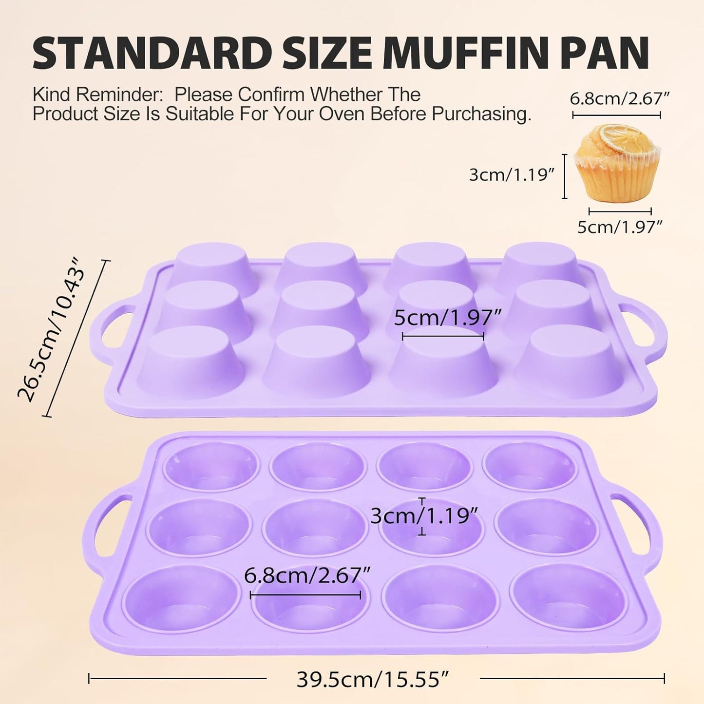2 Pack Silicone Muffin Pan 12 and 24 Cup with Metal Frame, Non Stick Silicone Mini Cupcake Pan with Handles, BPA Free Silicon Regular Muffin Tin Tray Small for baking, egg bites, Mold Purple