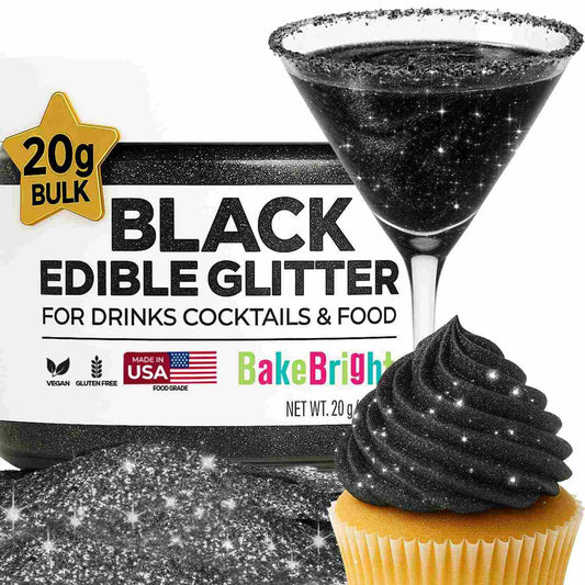 Bulk 20g Black Edible Glitter for Drinks | Premium Edible Glitter for Cakes, Cocktails, Black Cake Decorating Decorations Food Grade, Vegan, Kosher, Halal, Gluten Free - Made in USA