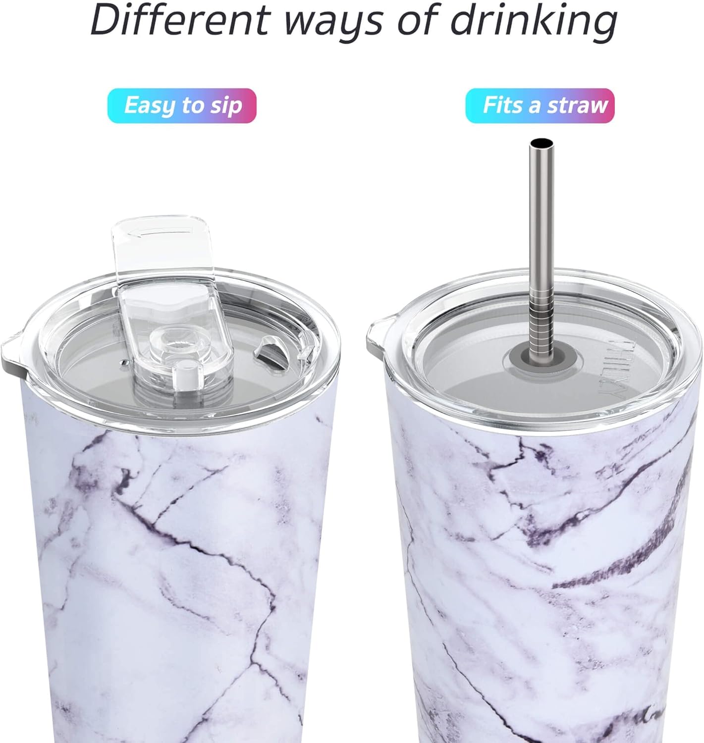 THILY Stainless Steel Vacuum Insulated Tumbler Travel Mug 26 oz Coffee Cup with 2 Lids and Straws, Splash Proof, Keep Ice Drinks Cold, White Marble
