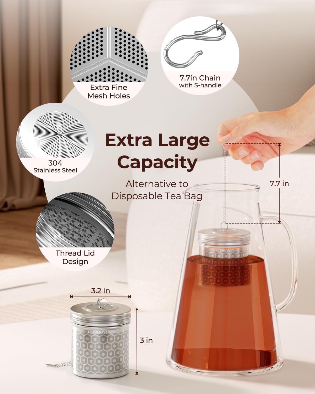 Reinmoson Extra Large Tea Infuser for Loose Tea & Spice Infuser for Cooking, Extra Fine Mesh Tea Strainers, 304 Stainless Steel Steeper for Black Tea, Rooibos, etc