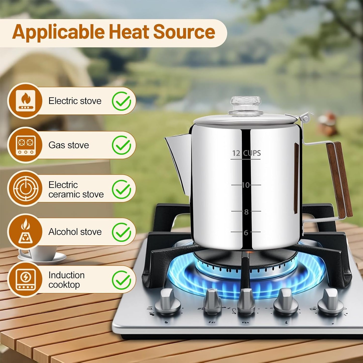 No Coating 12 Cup Percolator Coffee Pot 304 Stainless Steel Moka Pot Stovetop Espresso Maker Italian Greca Cuban Machine 2200ml 74.4oz Suitable for Gas Induction Stovetop Camping Kettle