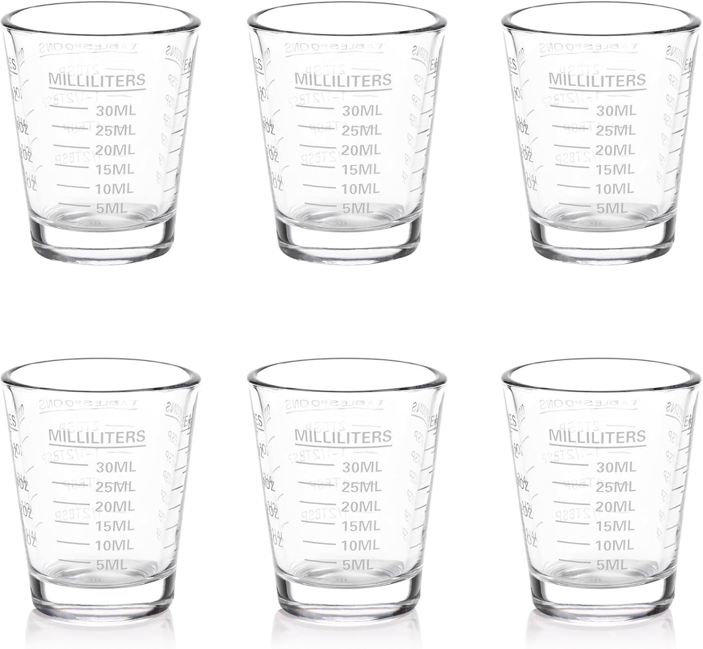 Shot Glasses Measuring Cup Set 6 Pack Espresso Shot Glasses Liquid Heavy Glass 26-Incremental Measurement 1 OZ, 2 TBS, 6 TSP, 30 ML Kitchen Tools(White)
