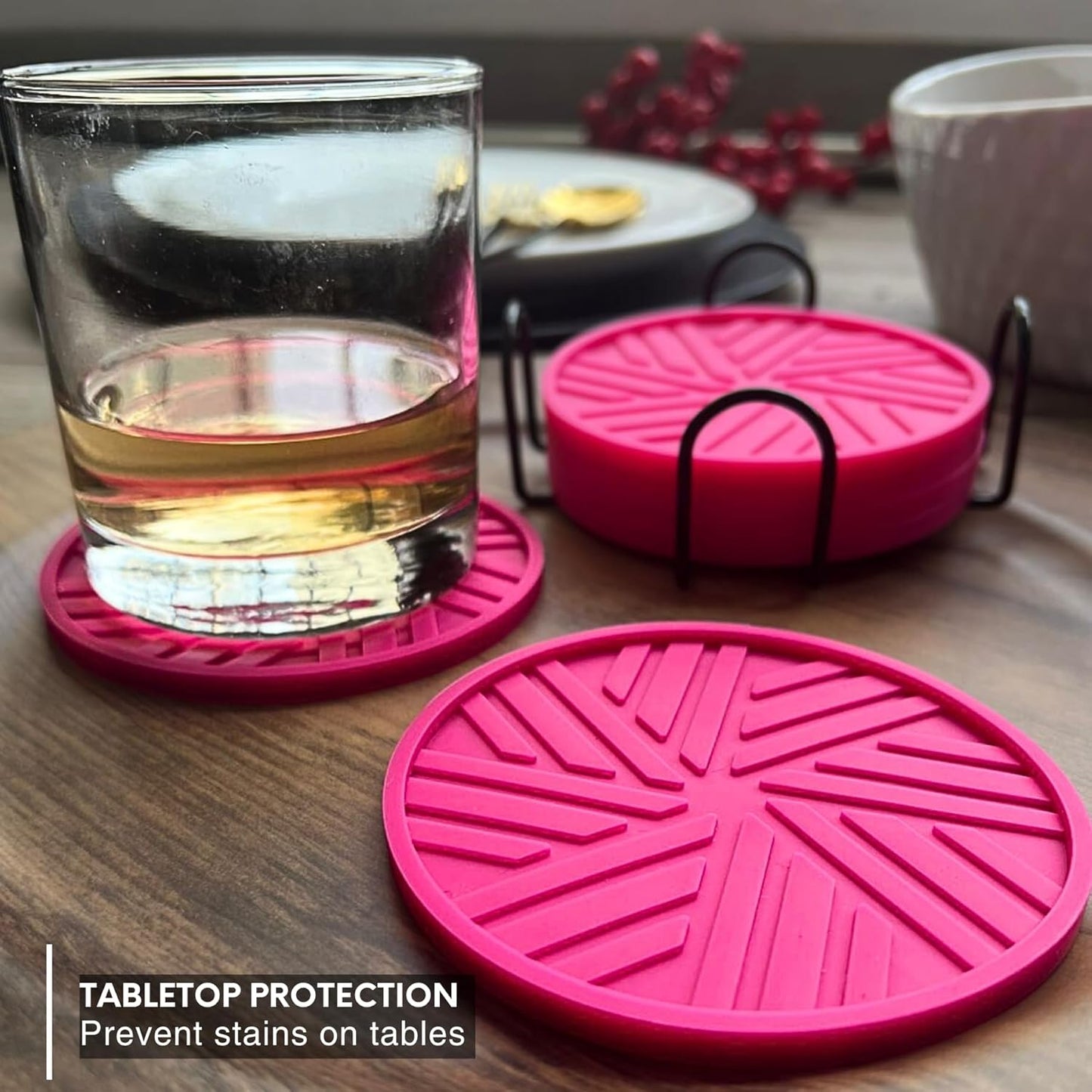 Silicone Coasters with Holder - 6 Pack - Absorbent Table Coasters for Drinks - Home Decor Coffee Table - with Stylish Groove Pattern -Housewarming Gifts Cute Pink