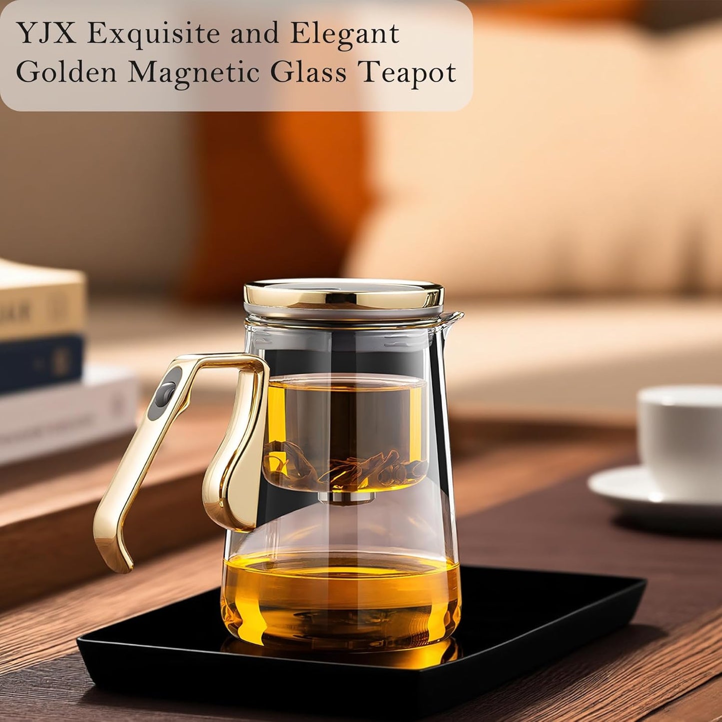 YJX Magnetic Glass Teapot, 25.4oz Small Enchanted Brewing Tea Pot, Witchcraft Magic Borosilicate Tea Set with Strainer for Loose Leaf or Herbal, Exquisite Kettle Gift for Tea Lovers(Golden)