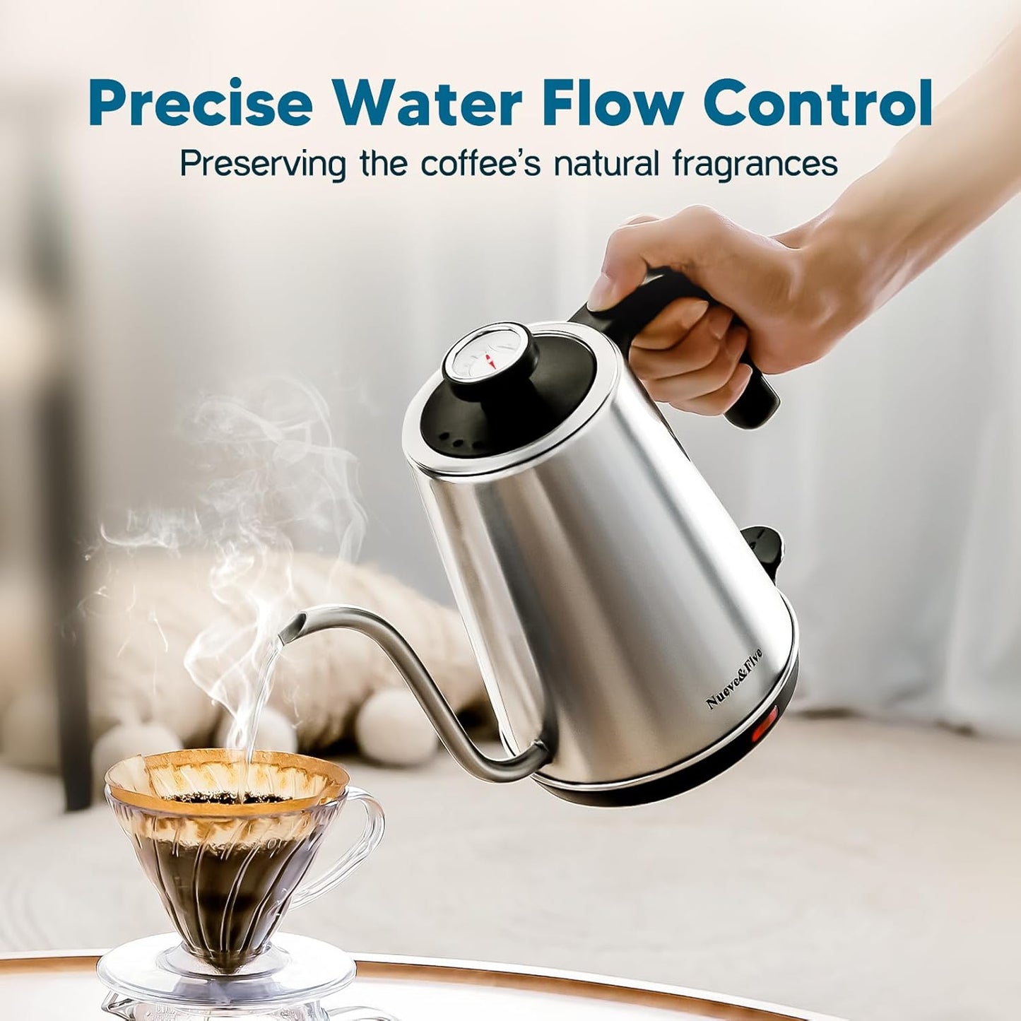 Nueve&Five Gooseneck Electric Kettle with Thermometer,Electric Tea Kettle 1L with Auto Shut-Off，1000W Hot Water Kettle of Stainless Steel,Pour Over Kettle for Coffee & Tea -Chrome