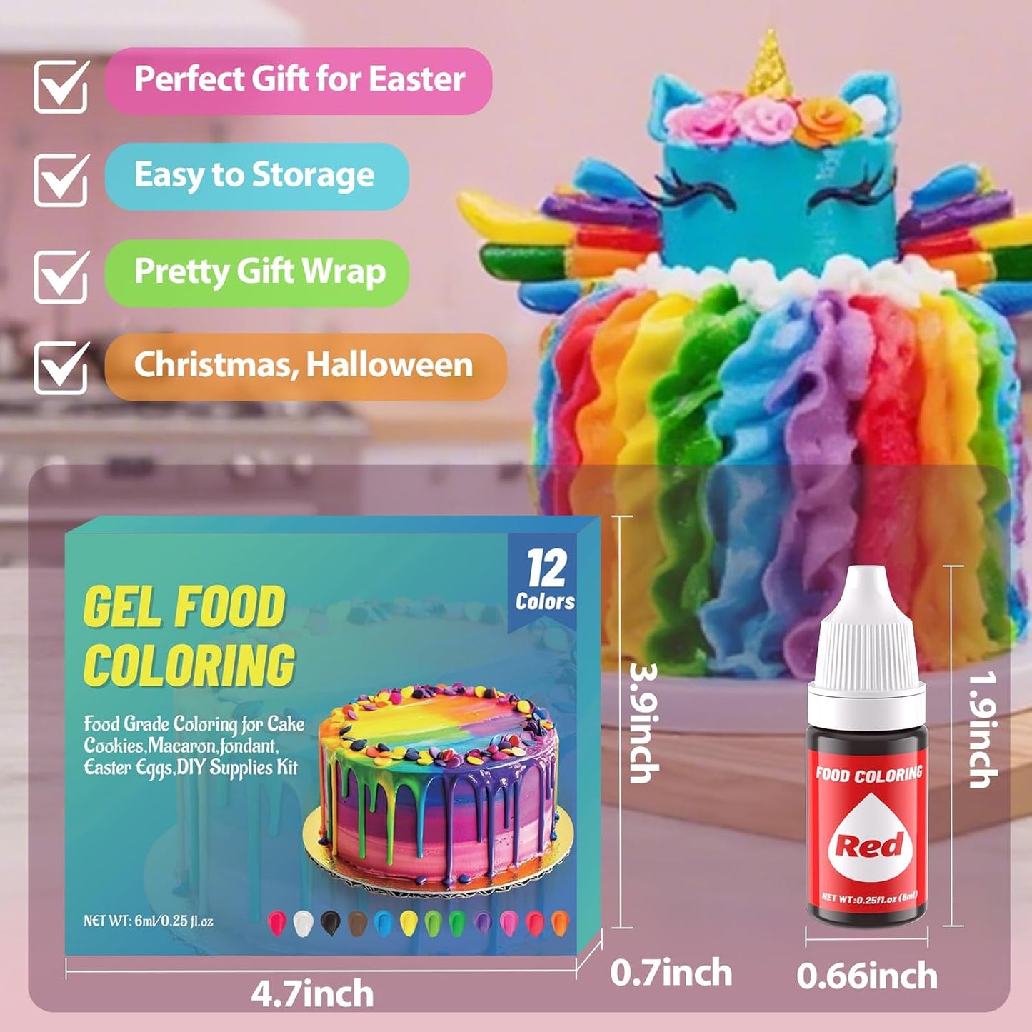 12 Color Gel Food Coloring Liquid Set-KATSPRO Food Grade Tasteless Vibrant Kids Food Coloring Dye for Baking Icing Cake Decorating Cookie Fondant, Frosting, Cookies, Christmas Baking, Easter Egg and DIY Supplies Kit - 0.25 Fl.oz(6ml)/Bottles