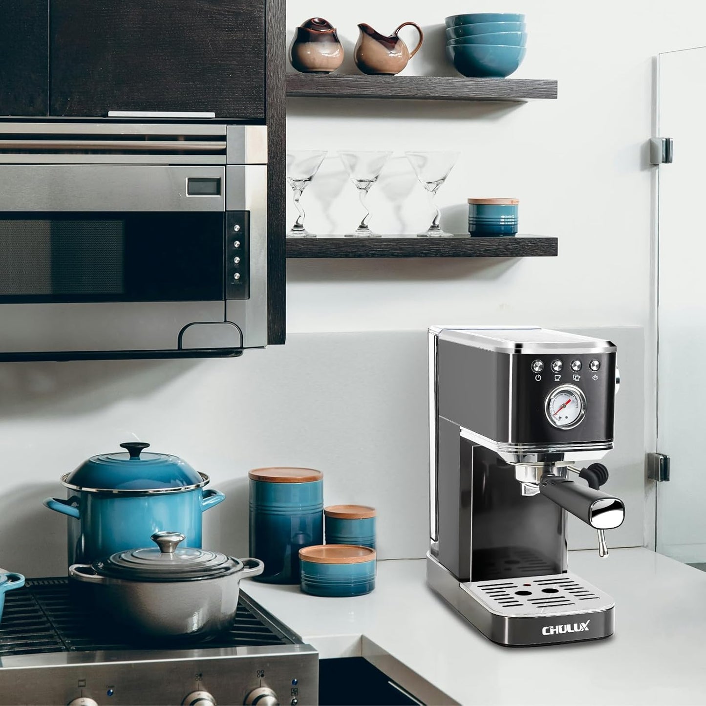 CHULUX Slim Espresso Machine with Milk Frother Steam Wand, 20 Bar Professional Italian Pump Semi Automatic Espresso Coffee Machine for Home Cappuccino & Latte Maker, Black