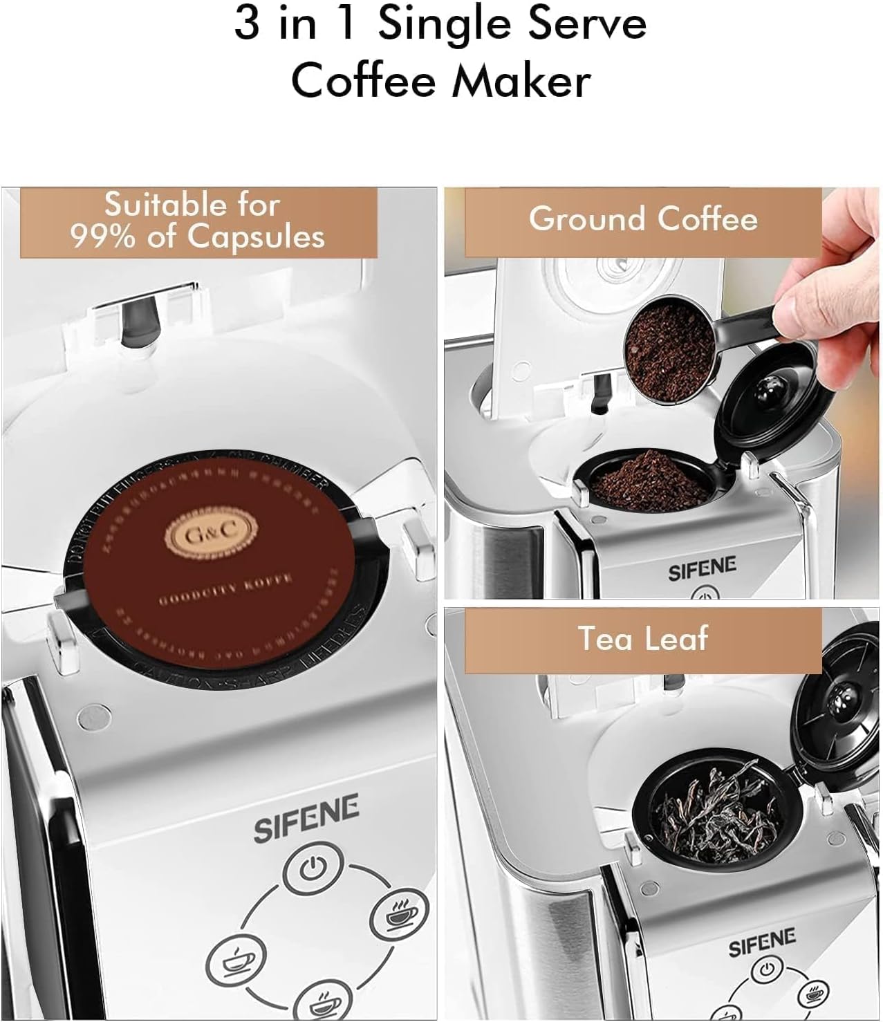 SIFENE single serve brewer 3-in-1 coffee machine for coffee pods ground loose tea 6 to 10oz brew sizes 50oz removable tank 1150w compact efficient white